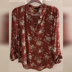 Maroon 3/4 Sleeve Blouse Top with Flowers